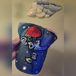 NWT Sophia Brand Par Amour distressed denim bling and embroidery ball cap